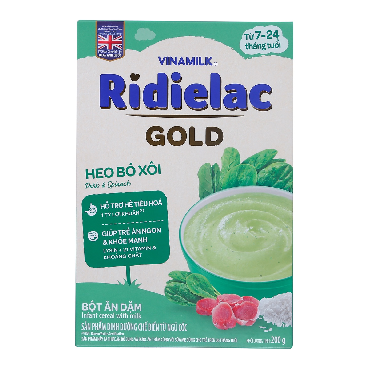 Bột ăn dặm Ridielac Gold vị heo bó xôi 200g cho bé 7M-24M - mặt trái