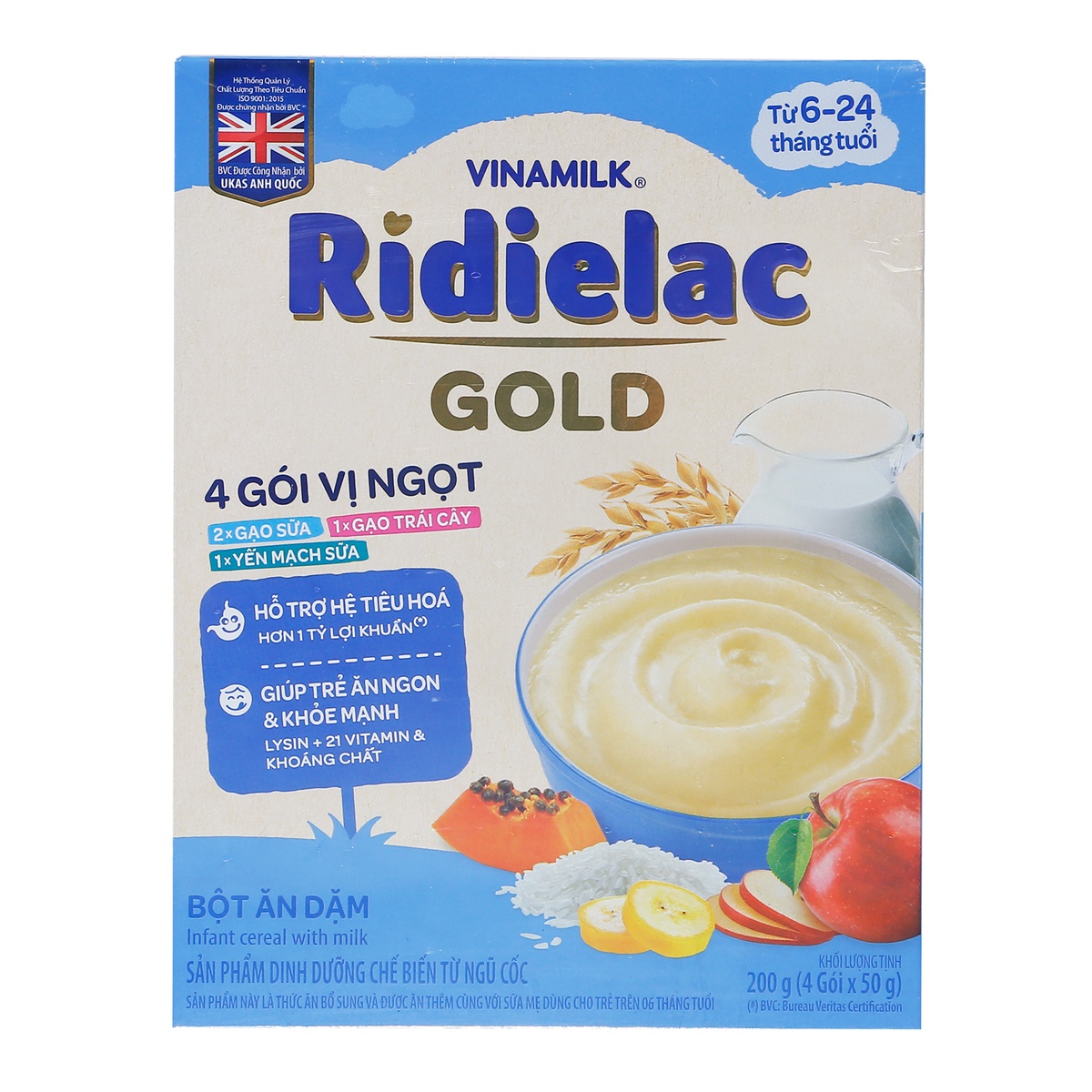 Bột ăn dặm Ridielac Gold 4 gói vị ngọt 200g cho bé 6M-24M - mặt sau