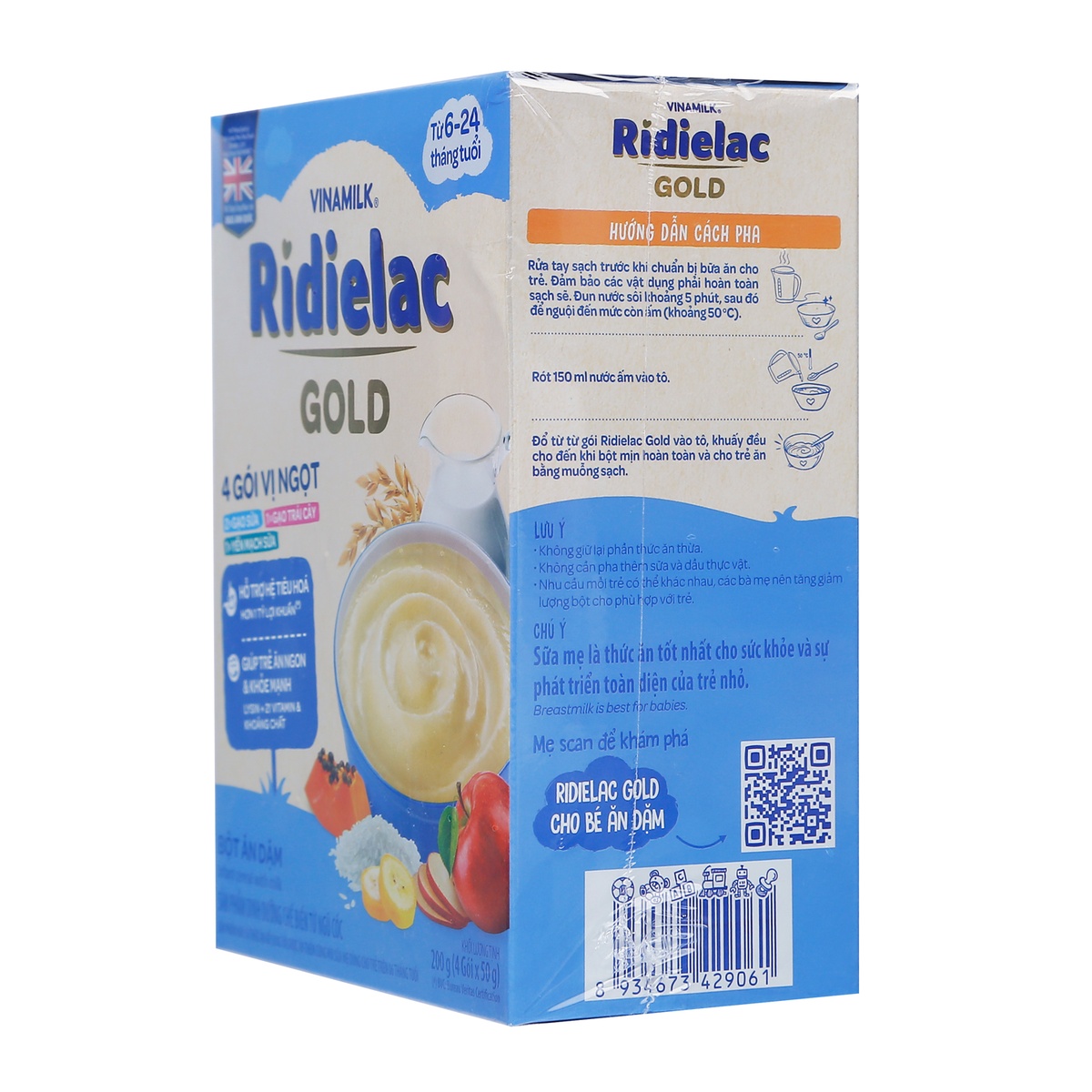 Bột ăn dặm Ridielac Gold 4 gói vị ngọt 200g cho bé 6M-24M - góc nghiêng