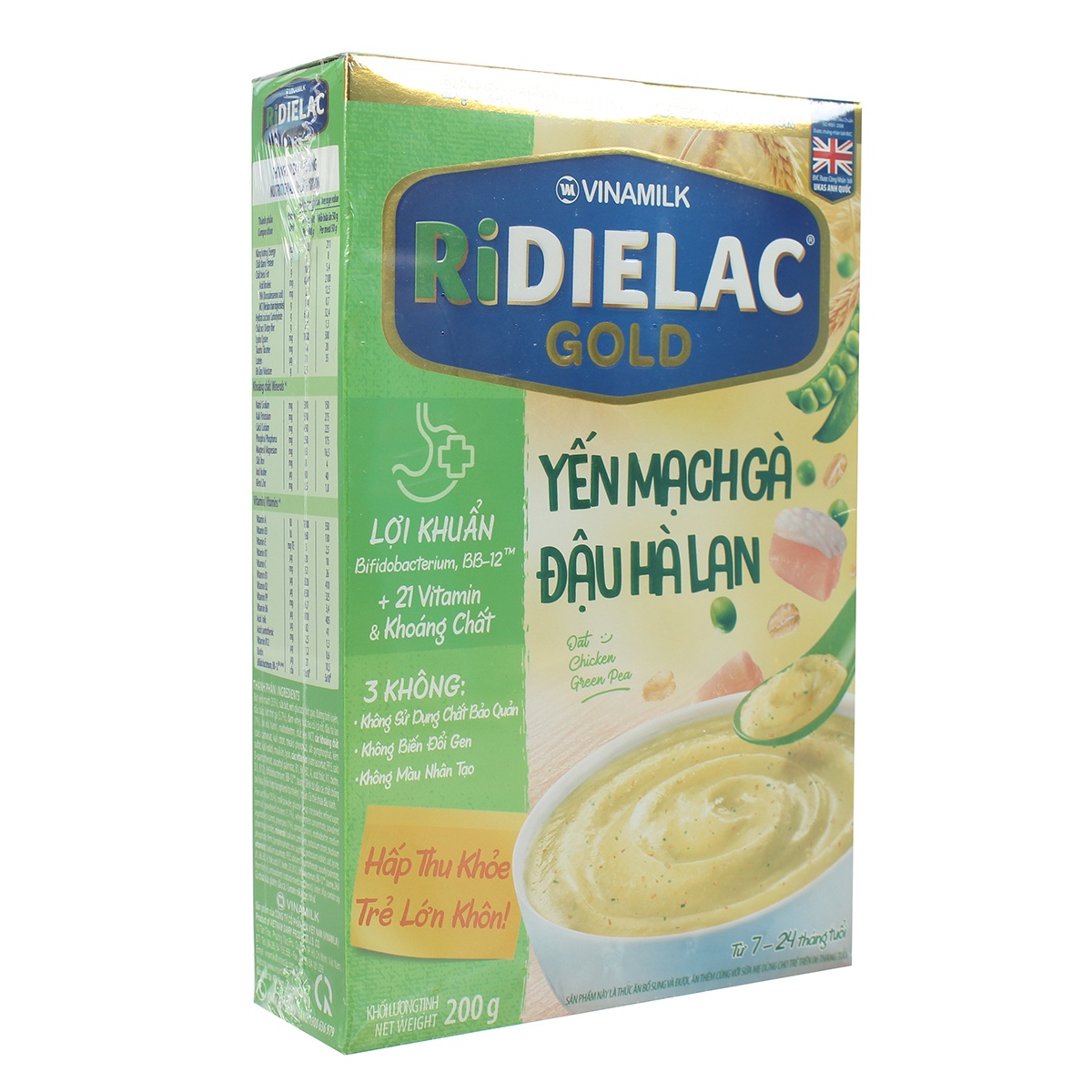 Bột ăn dặm Ridielac yến mạch gà đậu Hà Lan 200g cho bé 7M-24M - mặt trái