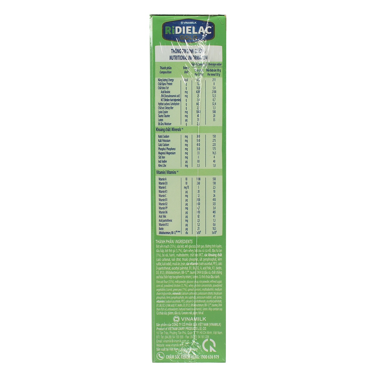Bột ăn dặm Ridielac yến mạch gà đậu Hà Lan 200g cho bé 7M-24M - mặt sau