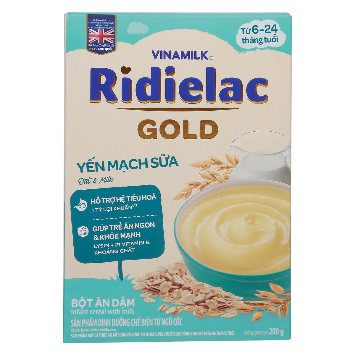 Bột ăn dặm Ridielac yến mạch sữa 200g cho bé 6M-24M - mặt sau