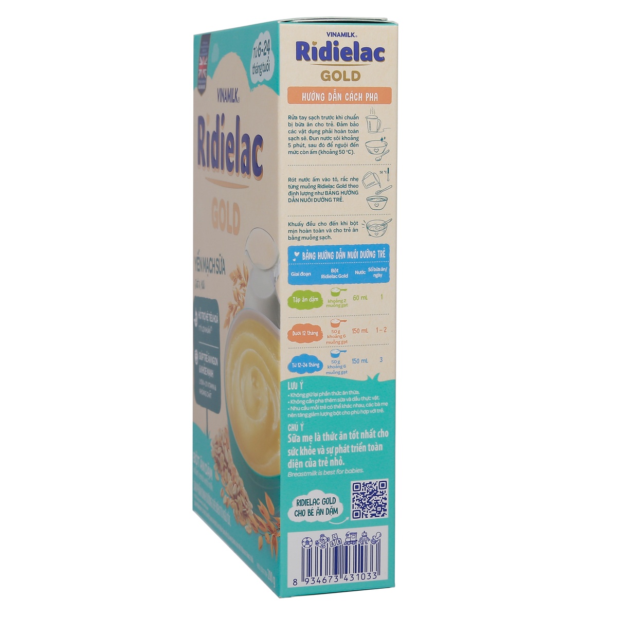 Bột ăn dặm Ridielac yến mạch sữa 200g cho bé 6M-24M - góc nghiêng