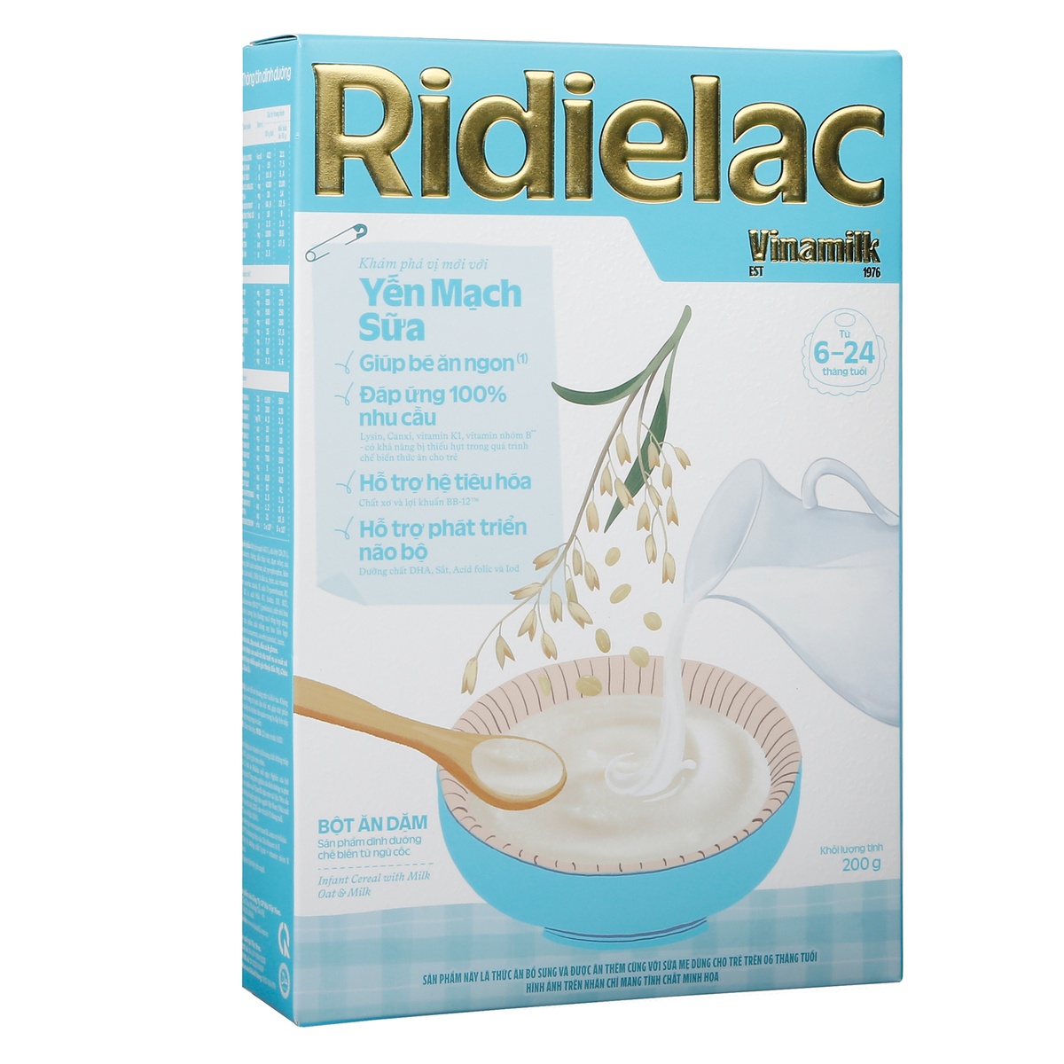 Bột ăn dặm Ridielac yến mạch sữa 200g cho bé 6M-24M - mặt trái