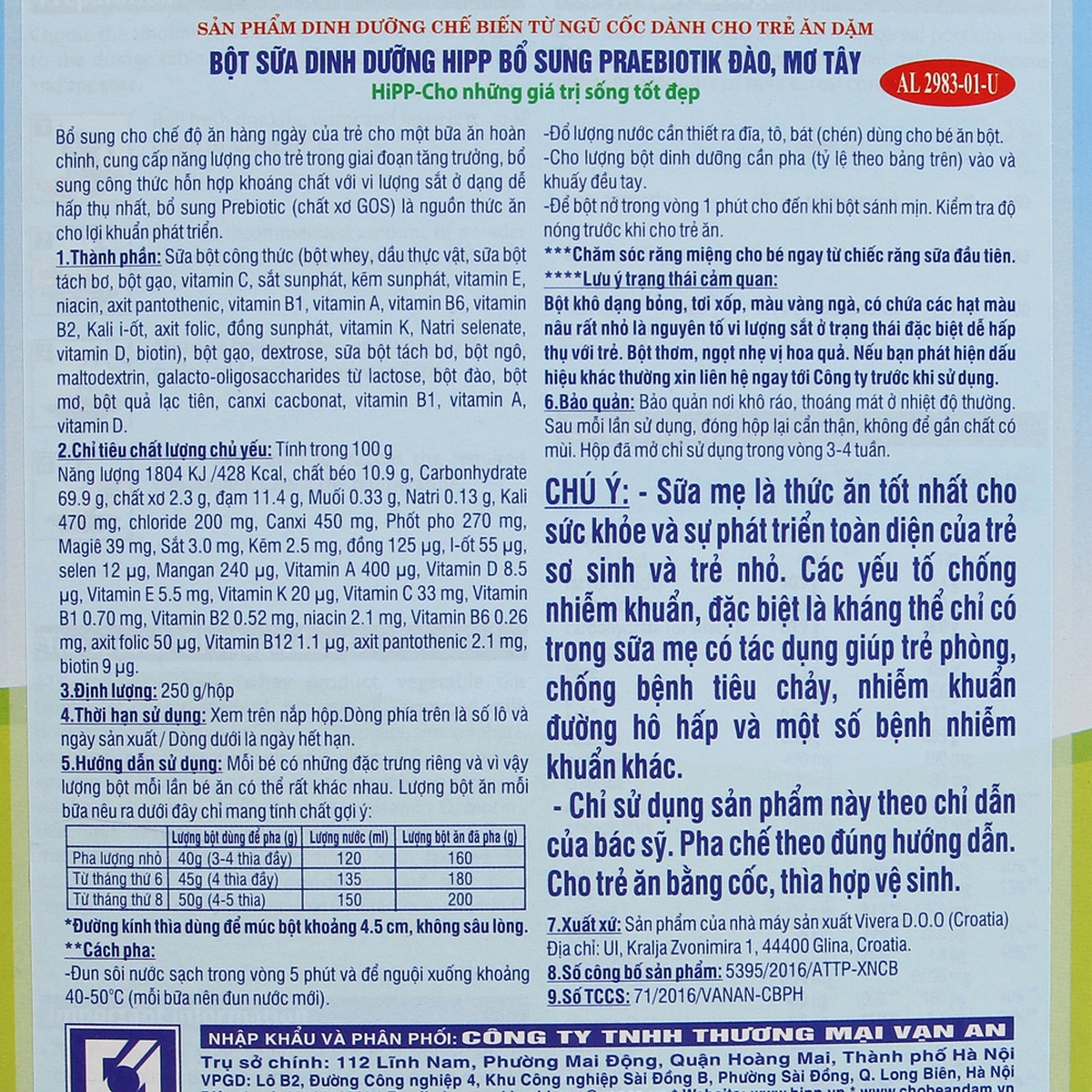 Bột ăn dặm HiPP vị sữa đào mơ tây cho bé 4M+ 250g - mặt sau