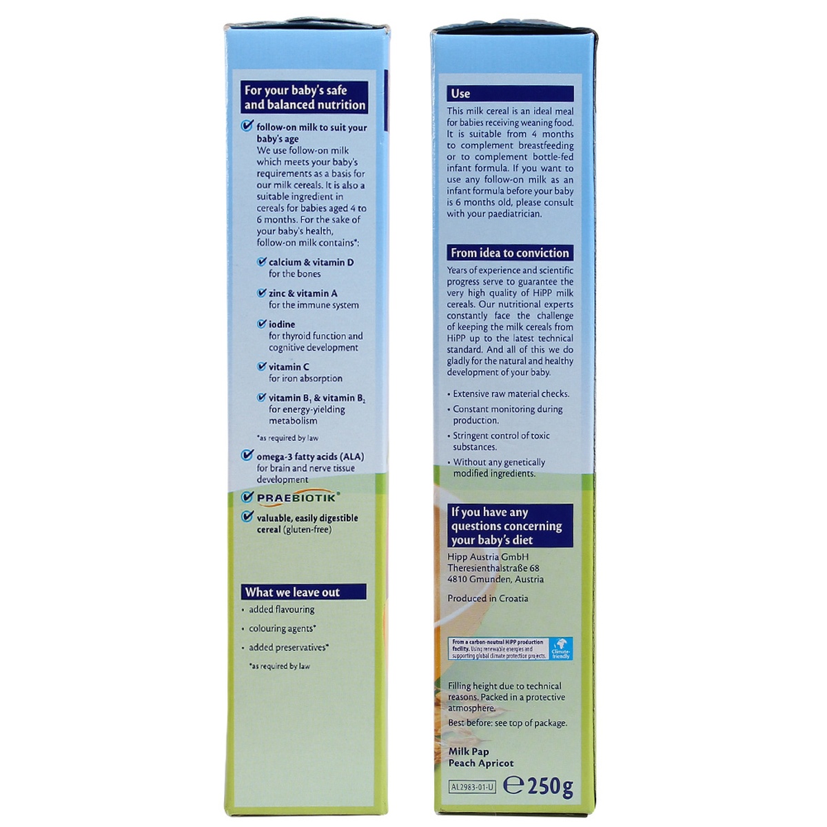 Bột ăn dặm HiPP vị sữa đào mơ tây cho bé 4M+ 250g - mặt phải