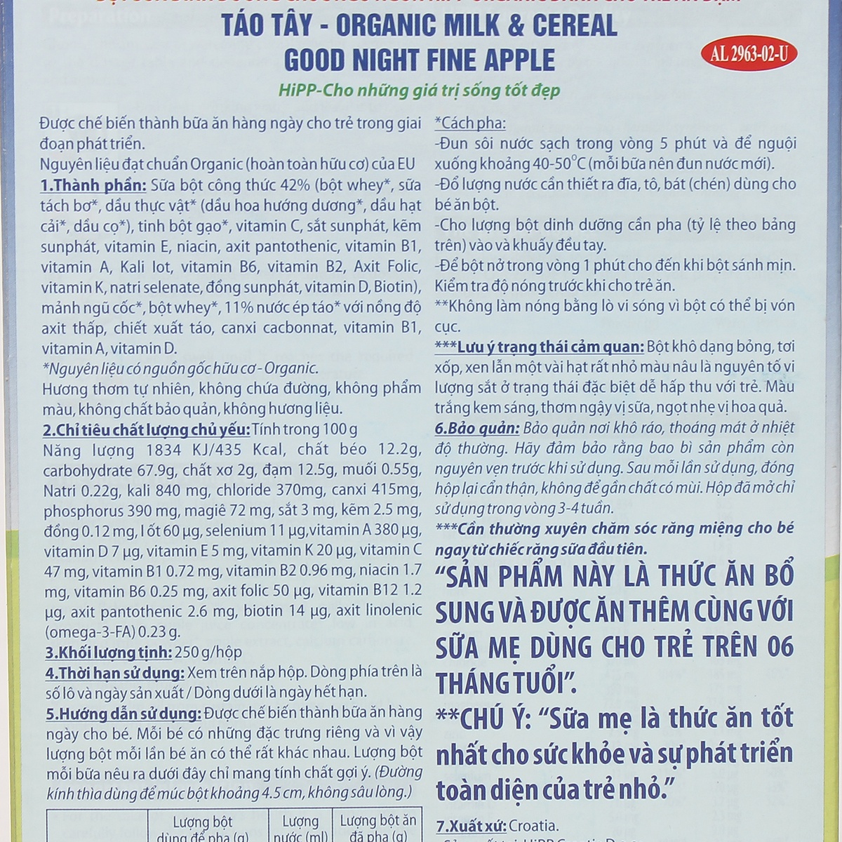 Bột ăn dặm HiPP vị táo tây 250g cho bé 4M+ - mặt sau