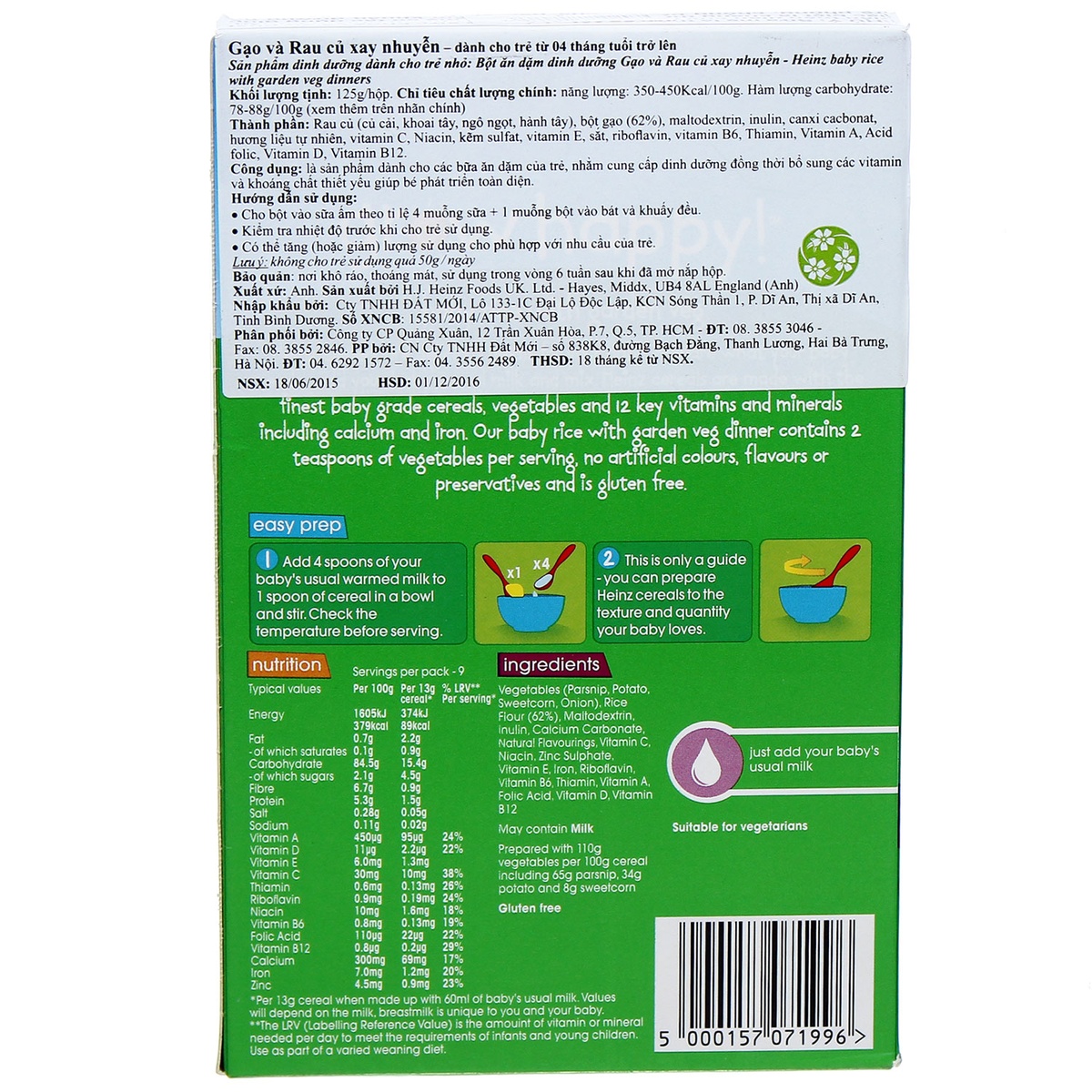 Bột Heinz Anh 4+ vị gạo và rau củ xay nhuyễn - mặt phải