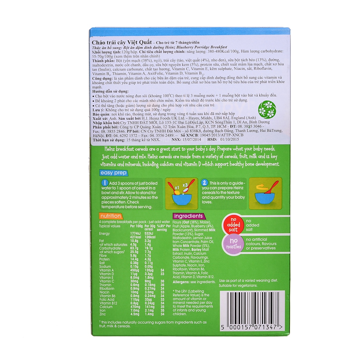 Bột ăn dặm Heinz Anh 7+ Vị trái cây Việt quất - mặt phải