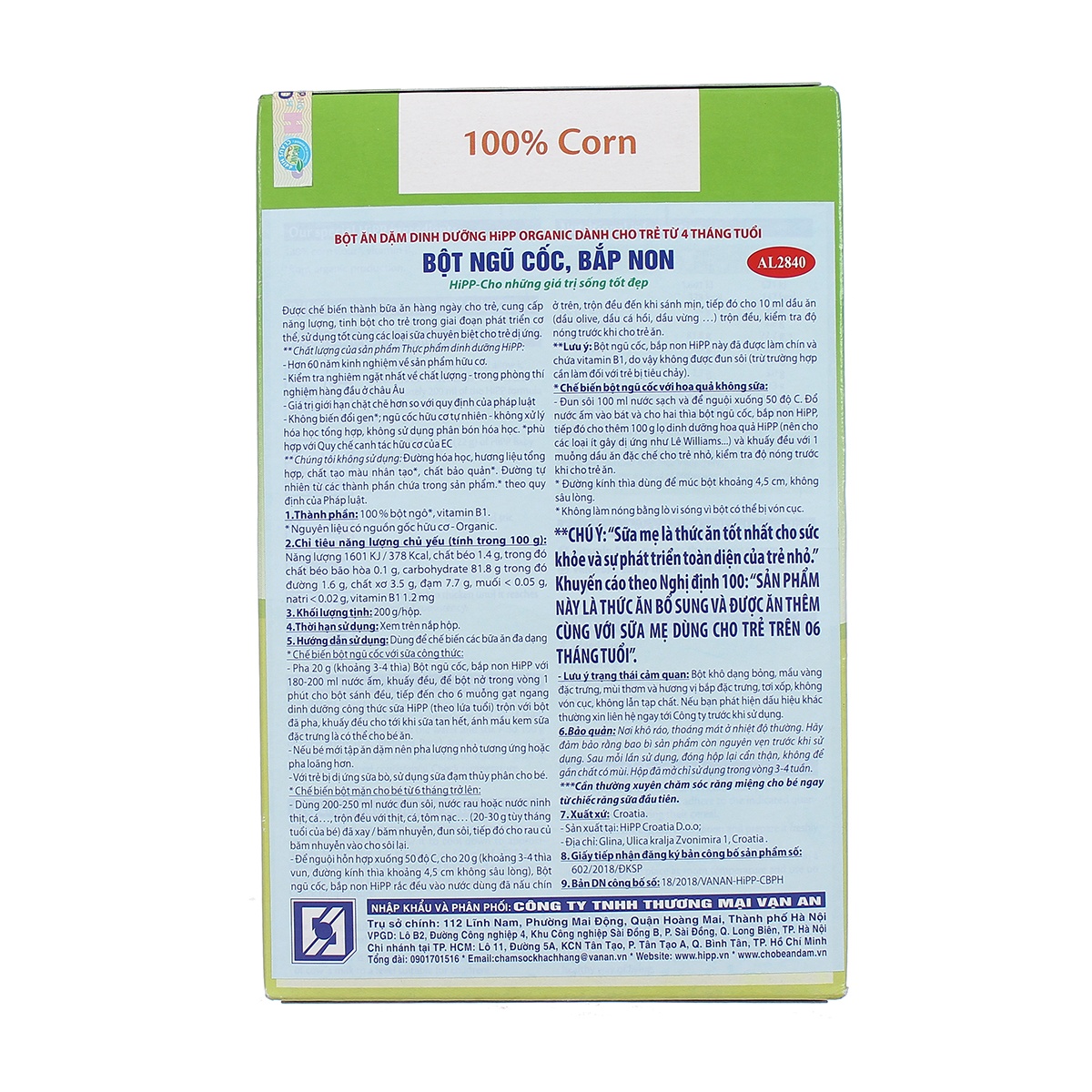 Bột ăn dặm HiPP ngũ cốc bắp non cho bé 4M+ 200g - mặt trái