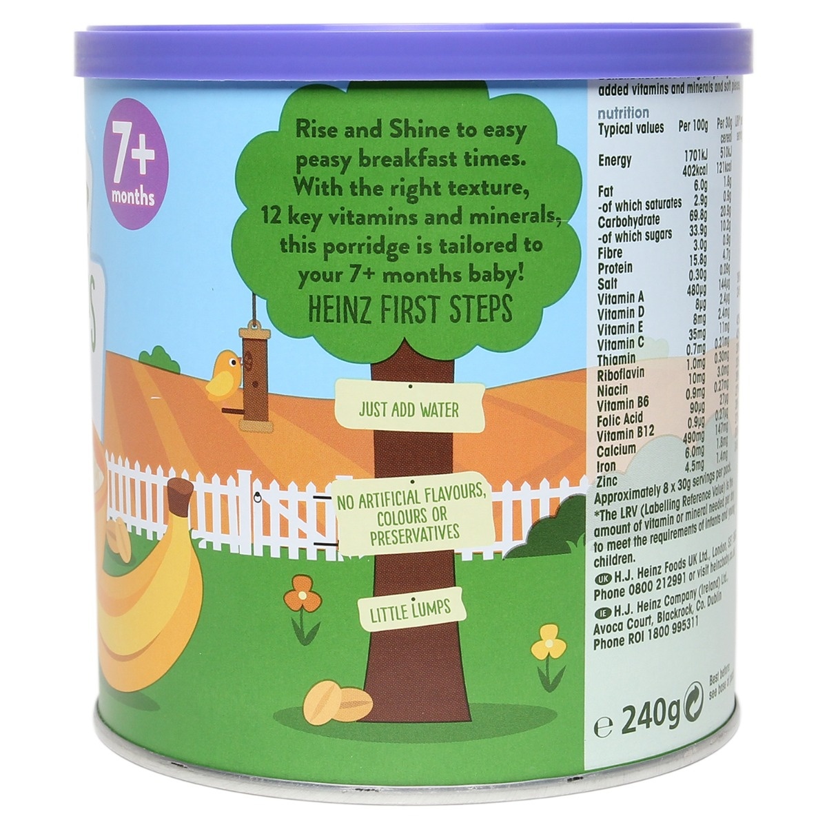 Bột ngũ cốc Heinz nguyên chất vị yến mạch chuối 240g (Trên 7 tháng tuổi) - mặt trái