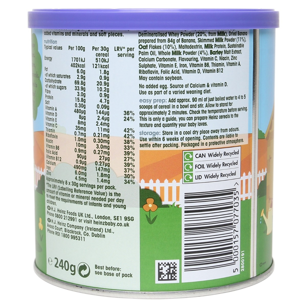 Bột ngũ cốc Heinz nguyên chất vị yến mạch chuối 240g (Trên 7 tháng tuổi) - mặt phải