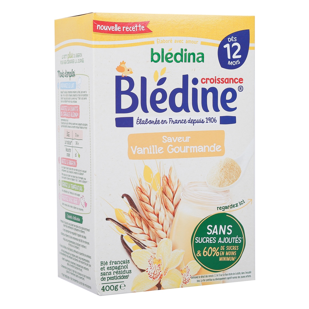 Bột pha sữa Bledina 400g vị Vani Gourmand 12M - mặt trái