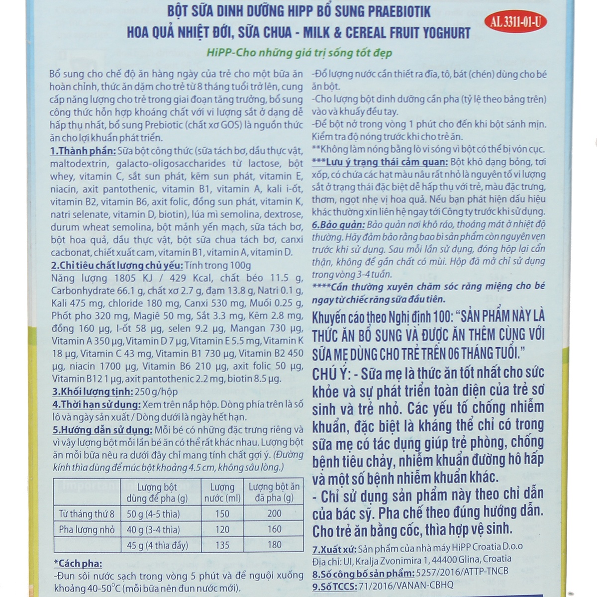 Bột ăn dặm HiPP hoa quả sữa chua cho bé 8M+ 250g - mặt sau