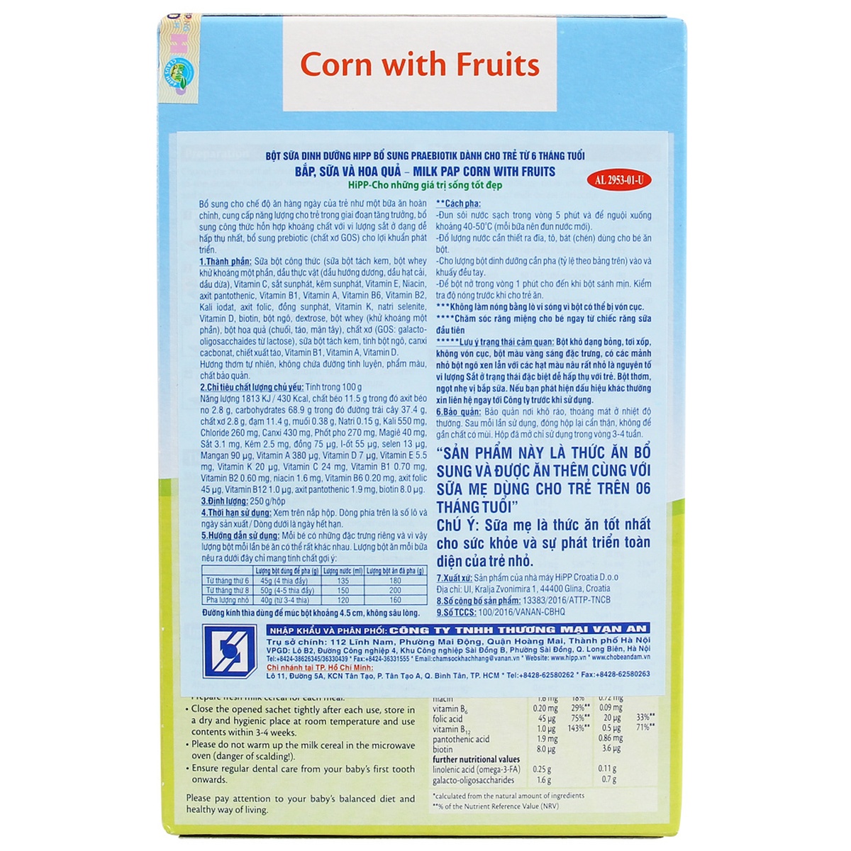 Bột ăn dặm HiPP hoa quả sữa bắp 250g cho bé 6M+ - mặt trái