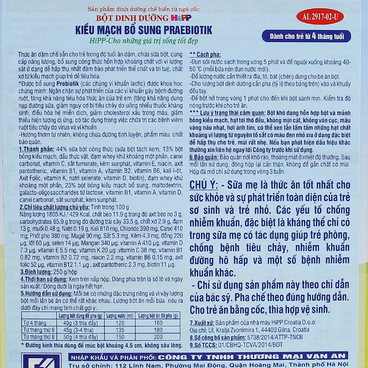 Bột ăn dặm HiPP kiều mạch cho bé 4M+ 250g - mặt sau
