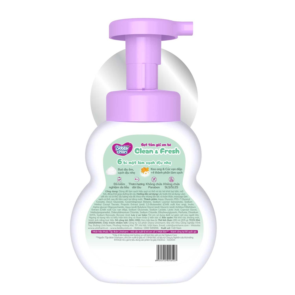 Bọt tắm gội cho bé Bobbychan Cúc vạn diệp 200ml (0M+) - mặt trái