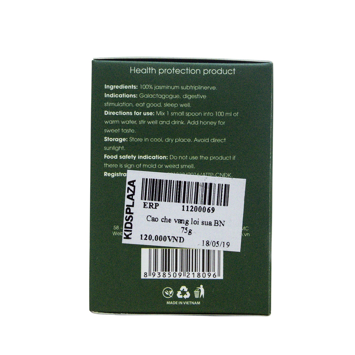 Cao chè Vằng lợi sữa BN 75g - mặt sau