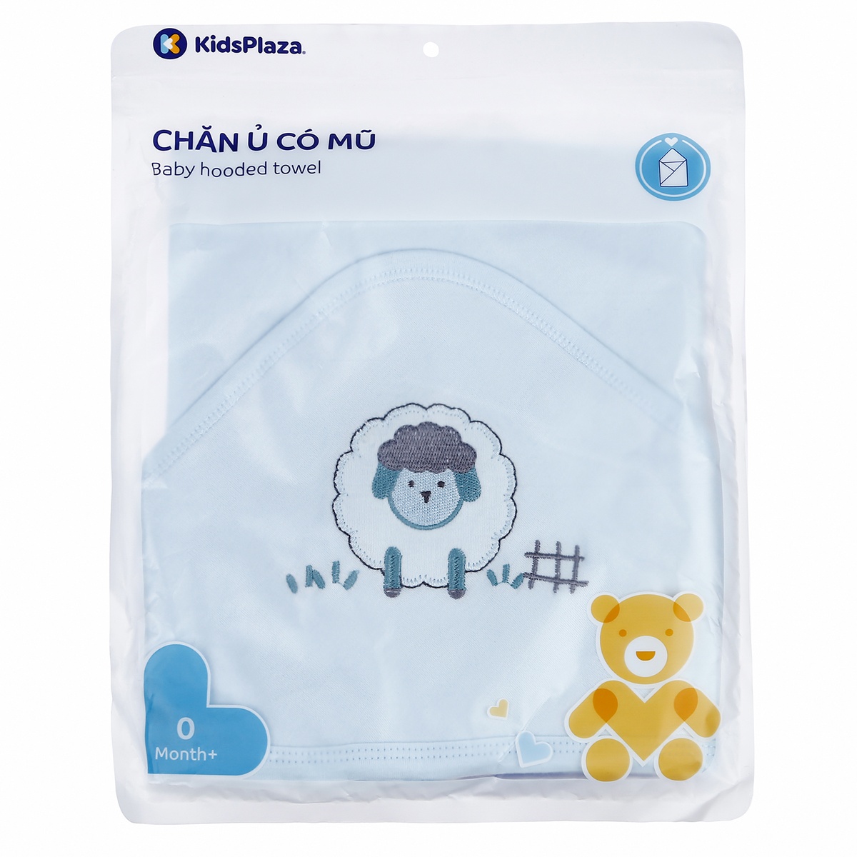 Chăn ủ có mũ thêu hình KidsPlaza 1 lớp BA21 (Xanh Dương) - góc nghiêng