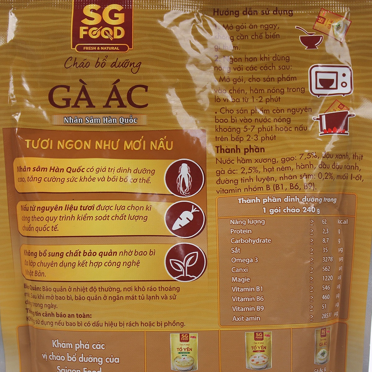 Cháo bổ dưỡng Sài Gòn Food vị gà ác nhân sâm  cho bé 6M+  - mặt sau