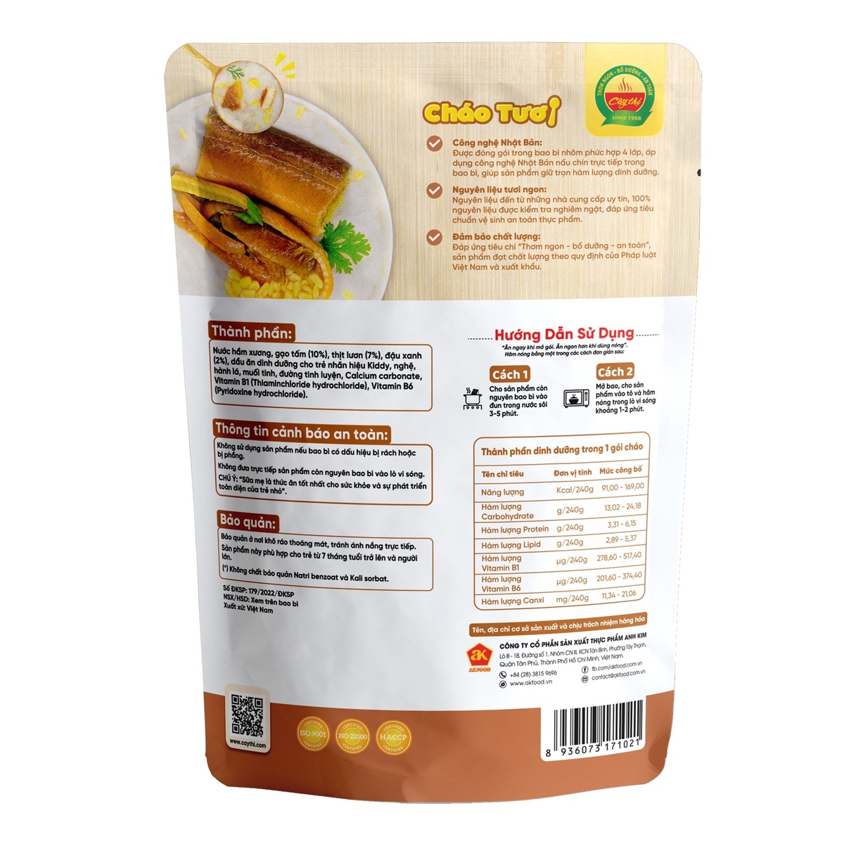 Cháo tươi Cây Thị Lươn Đậu Xanh 240g cho bé 7M+ - mặt trái
