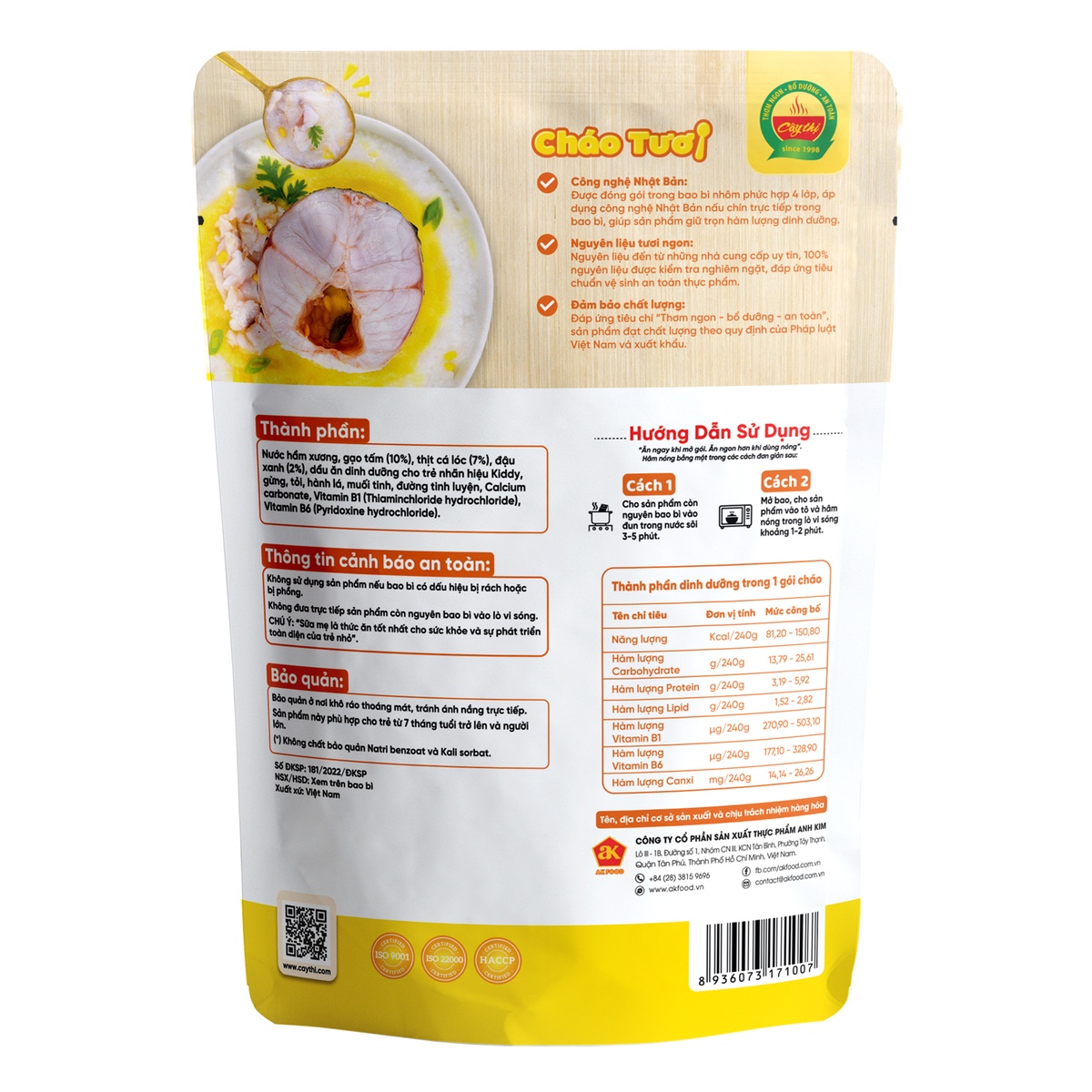 Cháo tươi Cây Thị cá lóc đậu xanh 240g cho bé 7M+ - mặt trái
