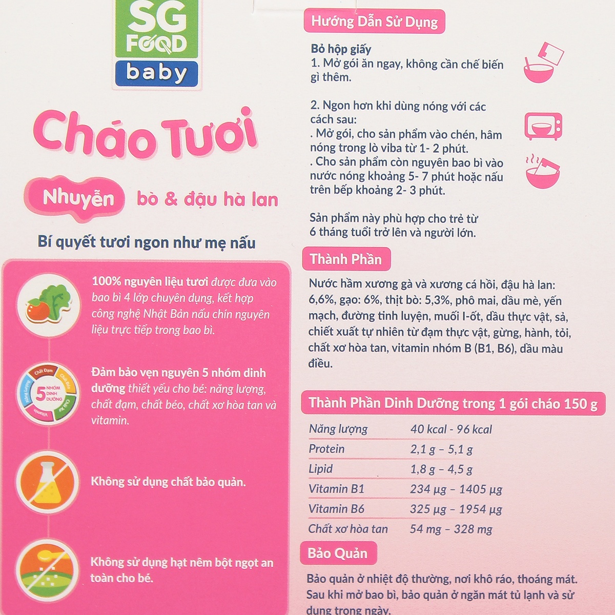 Cháo tươi Sài Gòn Food nhuyễn vị bò đậu hà lan tôm cho bé 6M+ - mặt sau