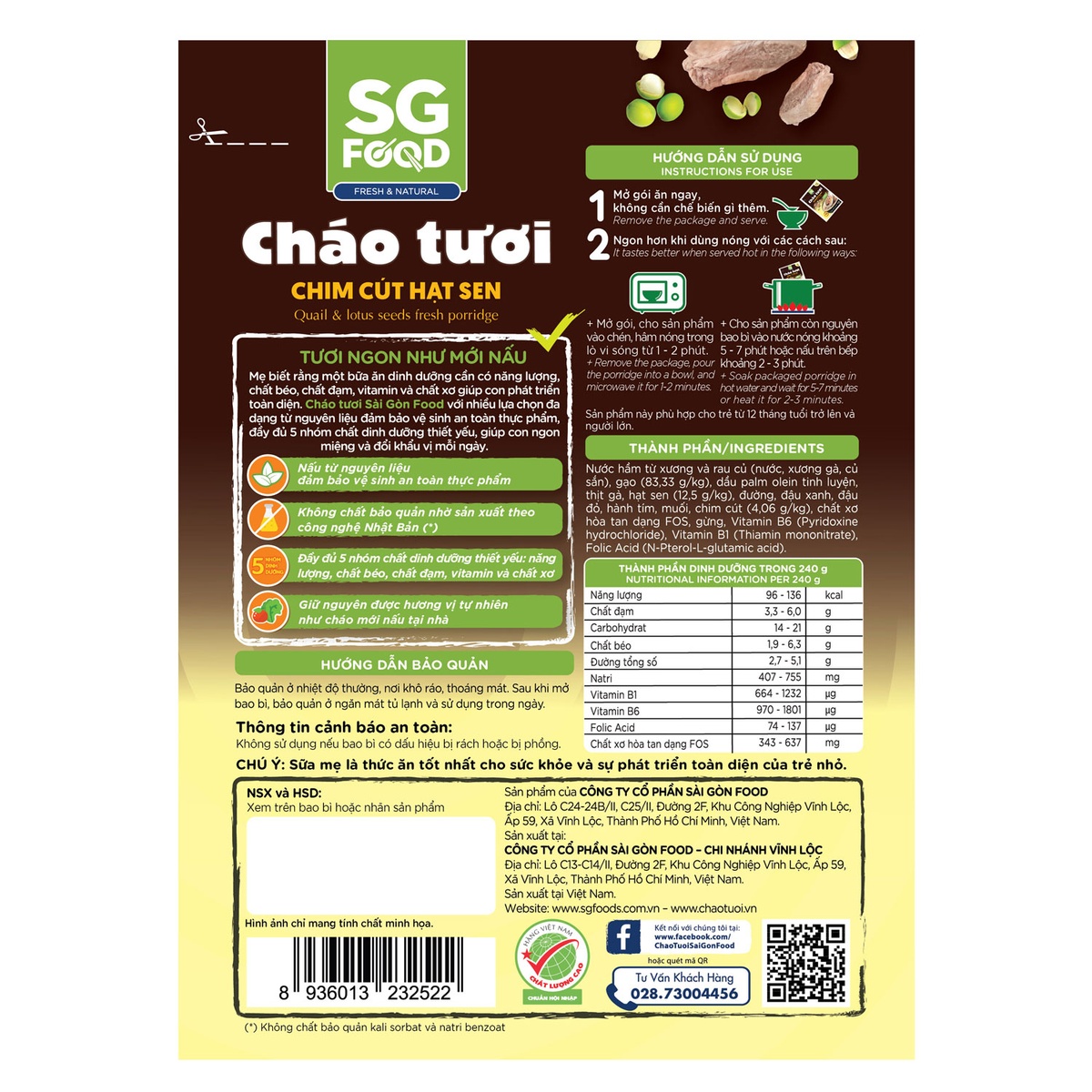  Cháo tươi Sài Gòn Food vị chim cút hạt sen 240g cho bé 12M+ - mặt trái