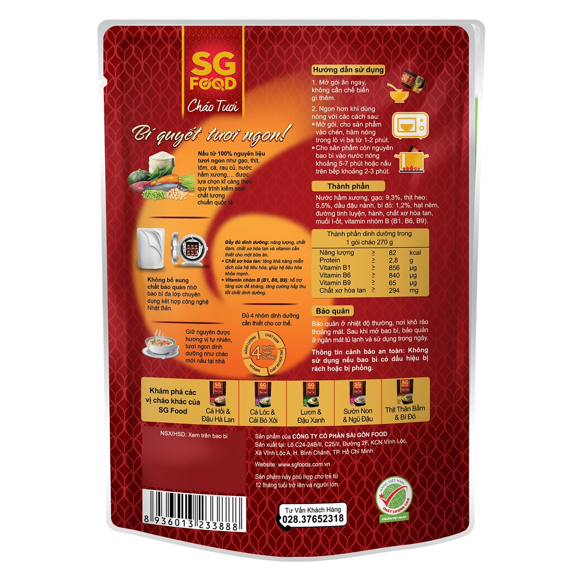 Cháo tươi Sài Gòn Food vị thịt bằm bí đỏ cho bé 12M+ - mặt trái