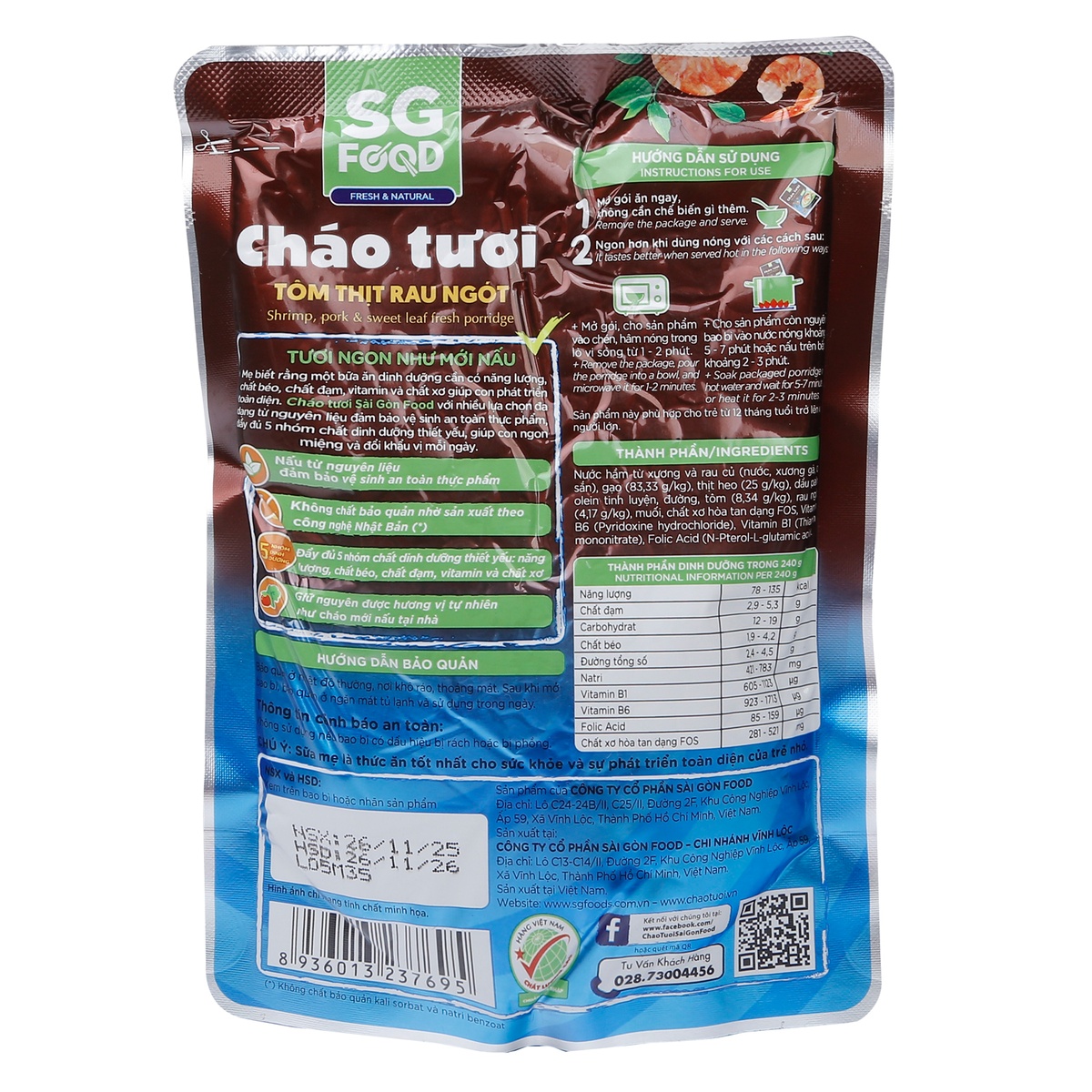 Cháo tươi Sài Gòn Food vị tôm thịt rau ngót 240g cho bé 12M+ - mặt trái