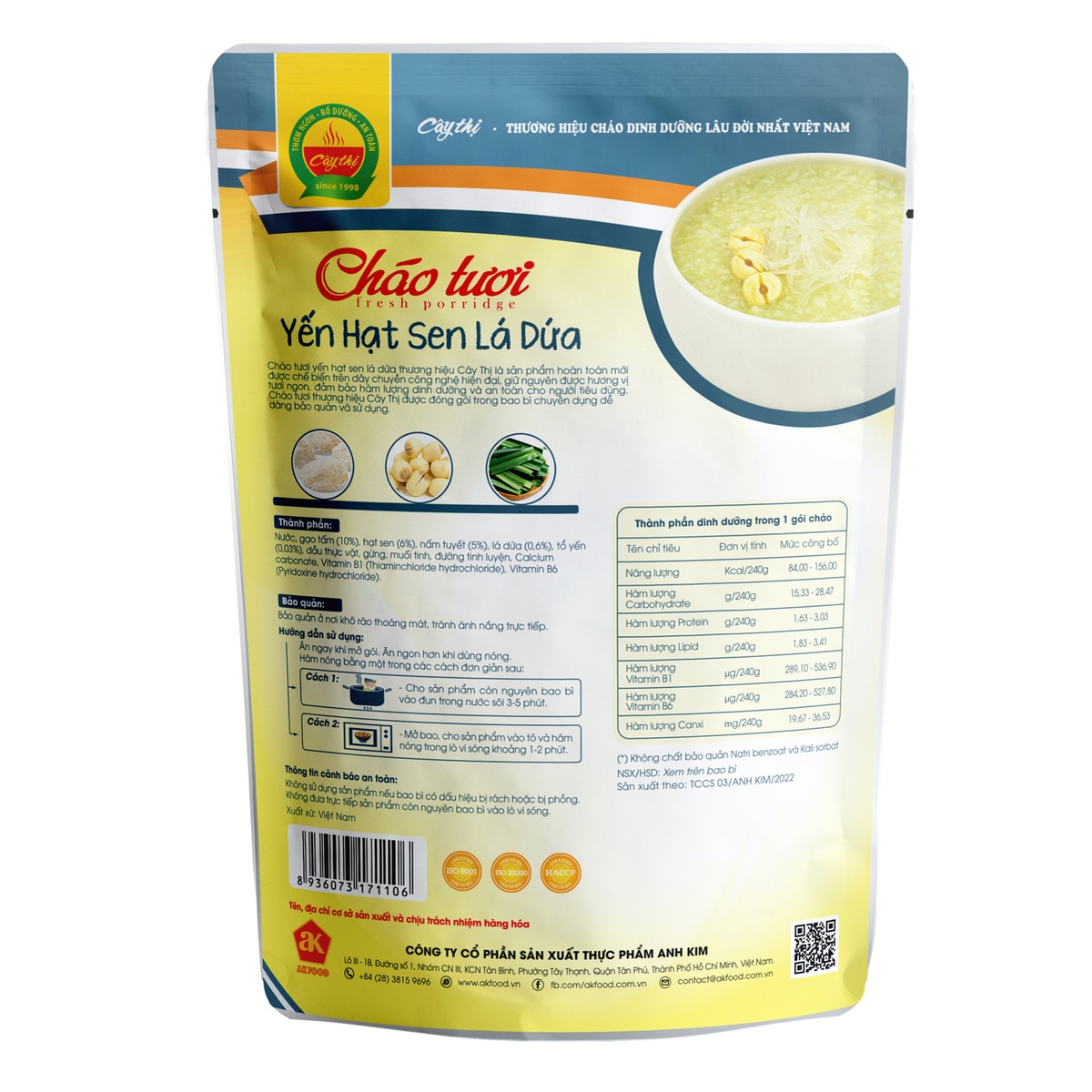 Cháo tươi yến hạt sen lá dứa Cây Thị cho bé 10M+ (240g) - mặt trái