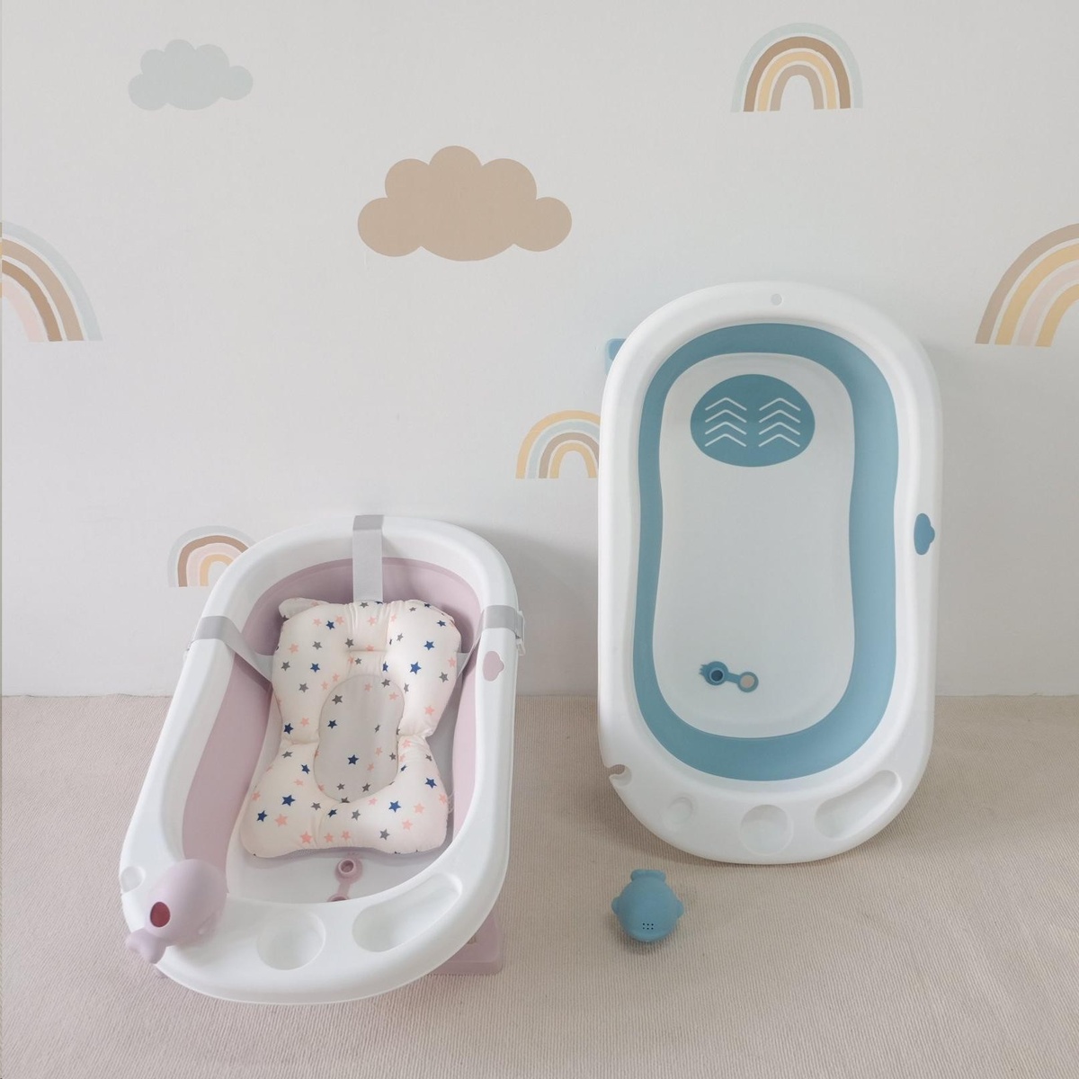 Chậu tắm gấp gọn kèm phao bơi Hanbei Baby Xanh - mặt trái