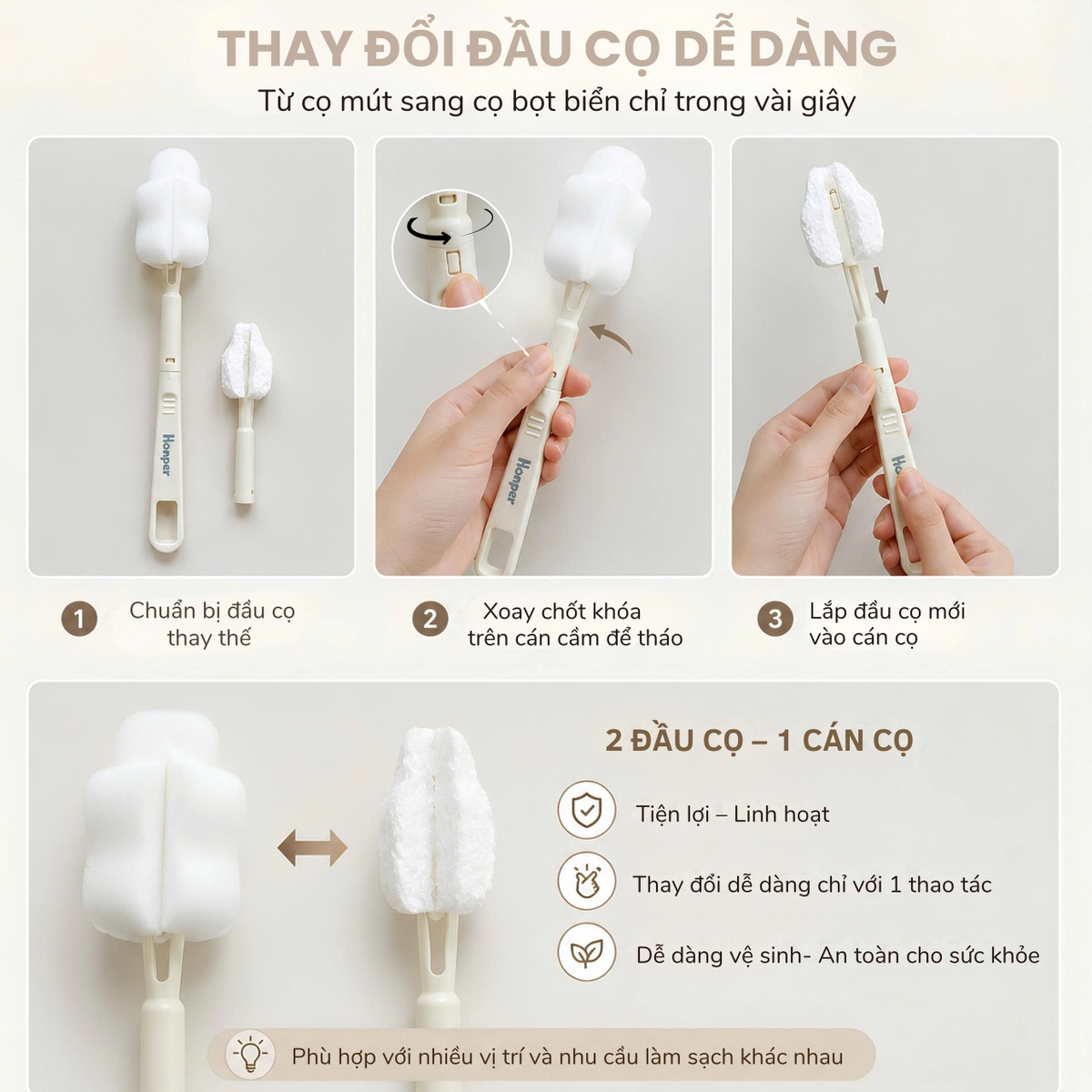 Cọ bình Honper bọt biển kèm 2 mút thay thế HP206 (Màu ngẫu nhiên) - góc nghiêng