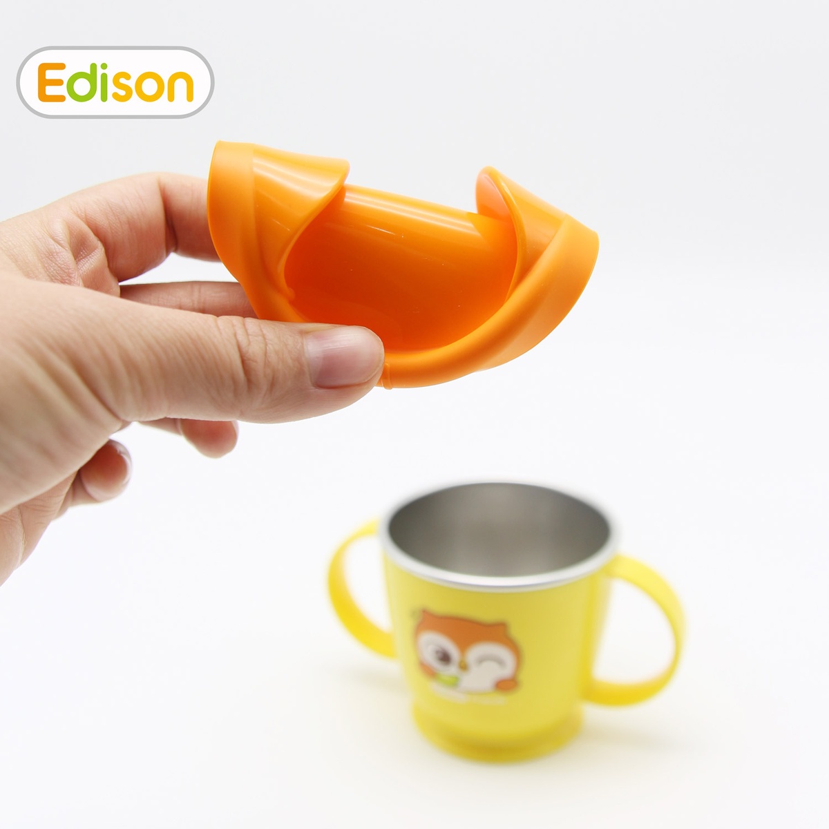 Cốc inox nắp silicon edison cú mèo quai 2 bên  - mặt trái
