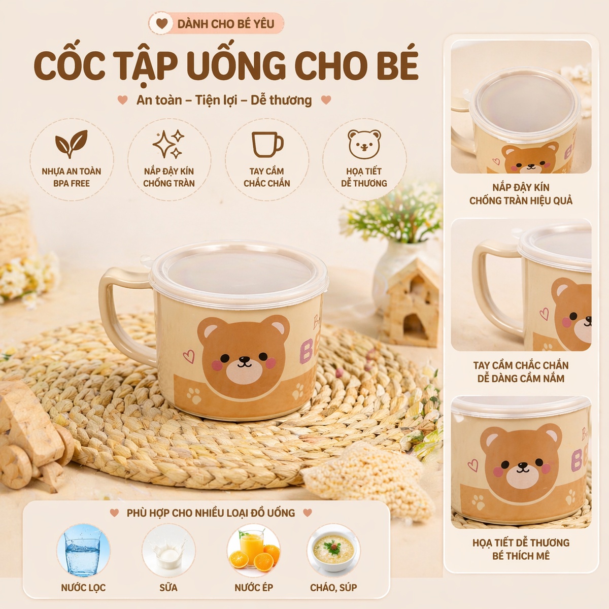 Cốc uống nước cho bé Mamago Brown Bear 85g - mặt trái