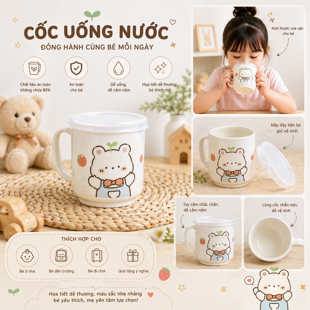 Cốc uống nước cho bé Mamago Cute Bear 100g - mặt phải