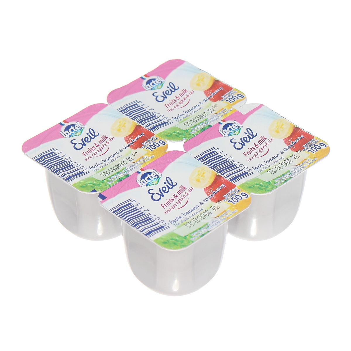 Hoa quả nghiền và sữa Lactel Eveil vị Táo, Chuối & Dâu tây 4*100g - mặt trái