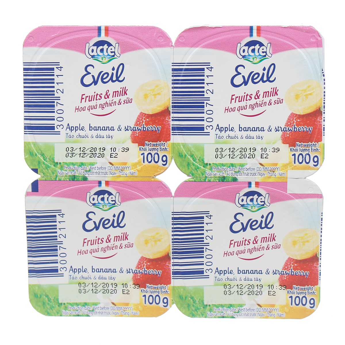 Hoa quả nghiền và sữa Lactel Eveil vị Táo, Chuối & Dâu tây 4*100g - mặt sau
