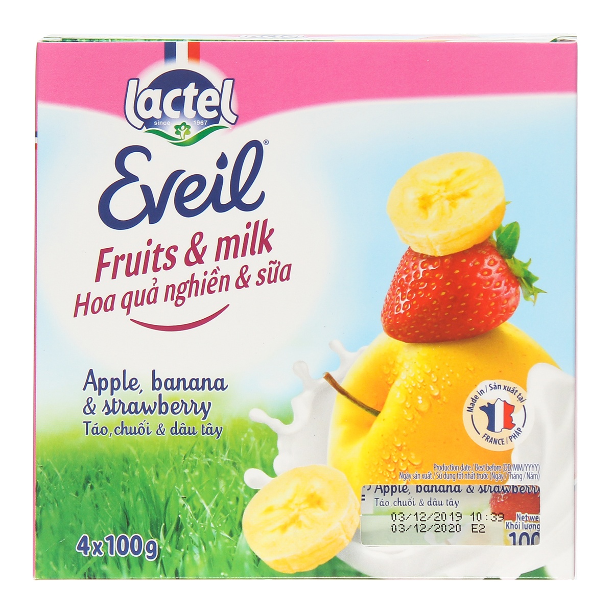 Hoa quả nghiền và sữa Lactel Eveil vị Táo, Chuối & Dâu tây 4*100g - mặt phải