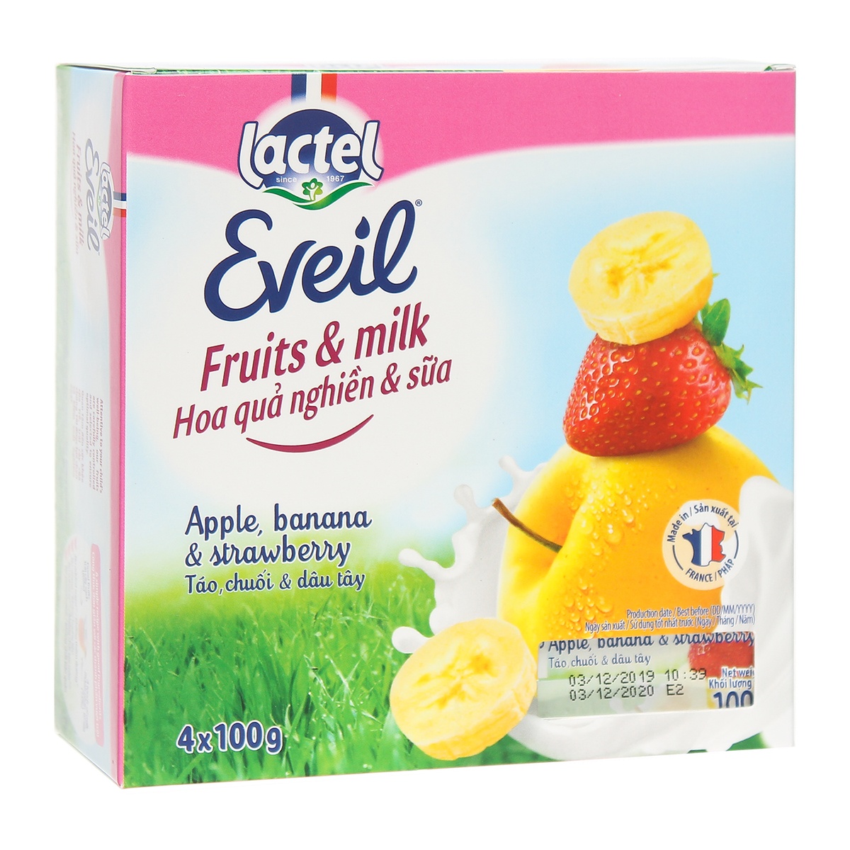 Hoa quả nghiền và sữa Lactel Eveil vị Táo, Chuối & Dâu tây 4*100g - góc nghiêng