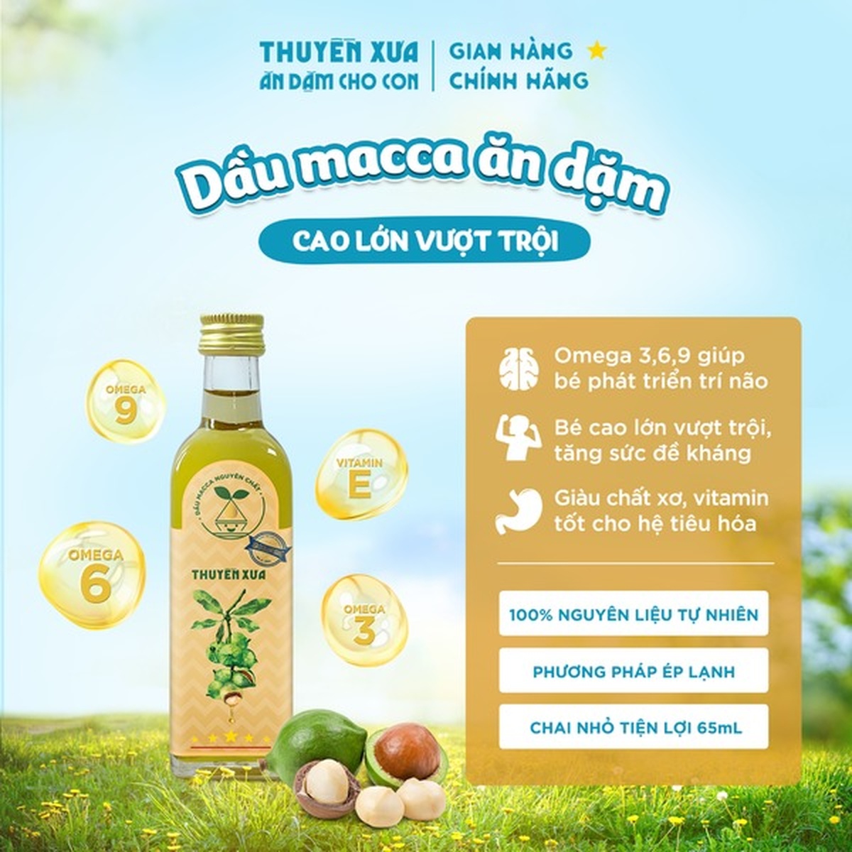 Dầu ăn dặm Macca nguyên chất cho bé Thuyền xưa 65ml (6M+) - mặt trái
