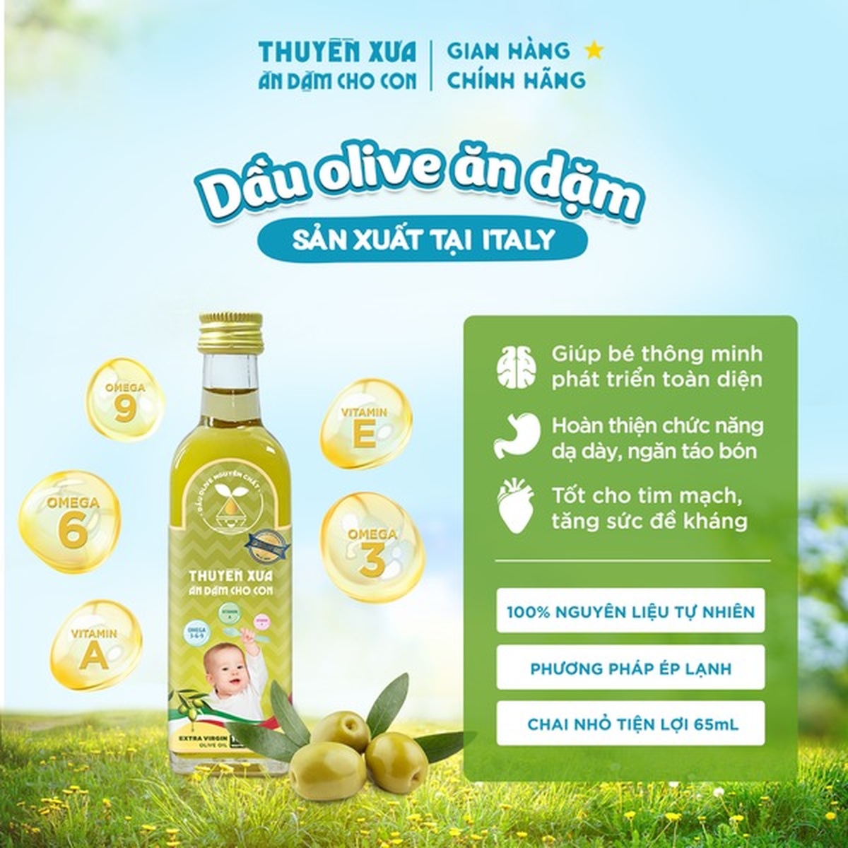 Dầu ăn dặm Olive Thuyền Xưa cho bé 250ml (6M+)  - mặt sau