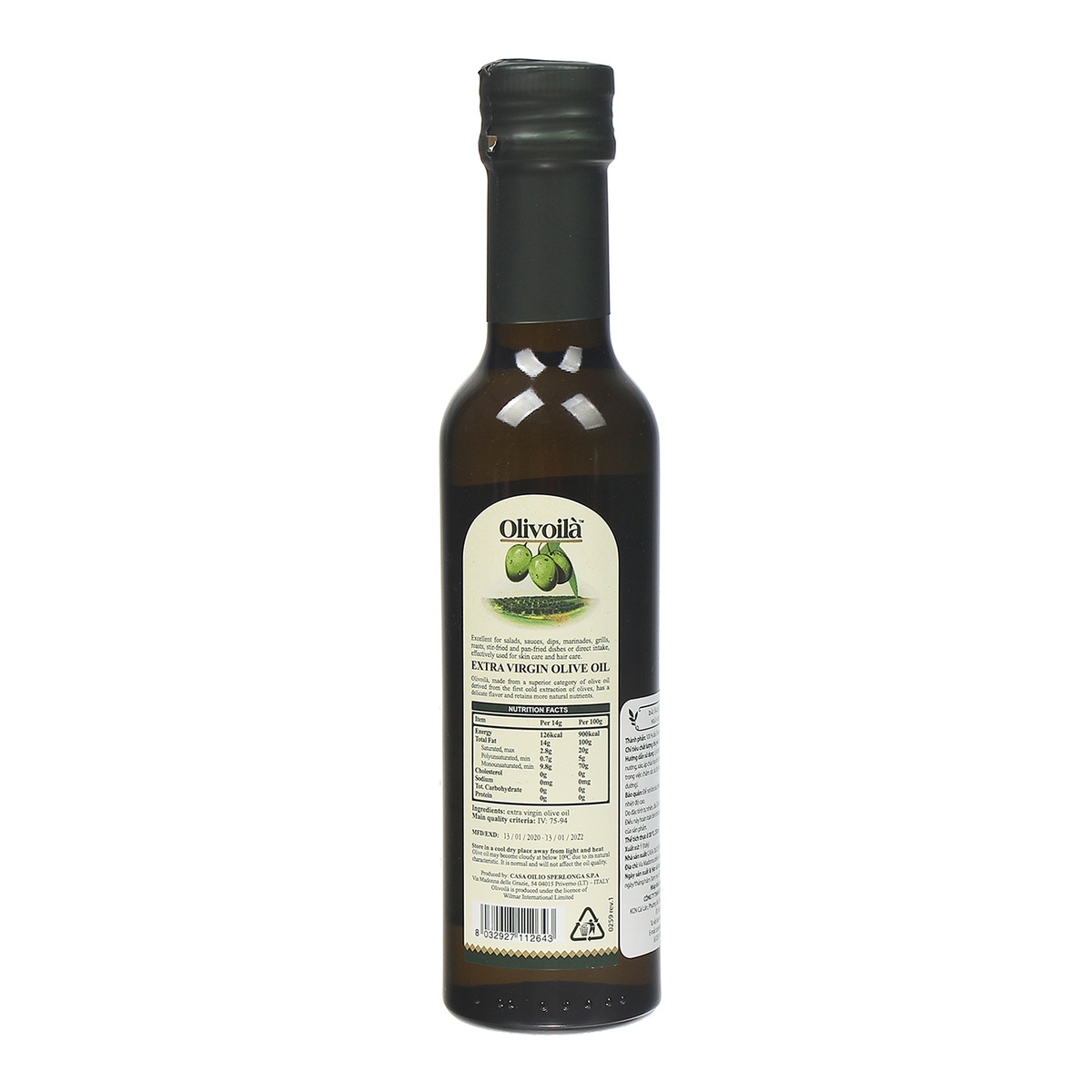 Dầu ăn olive Extra Virgin Olivoila 250ml  - mặt phải