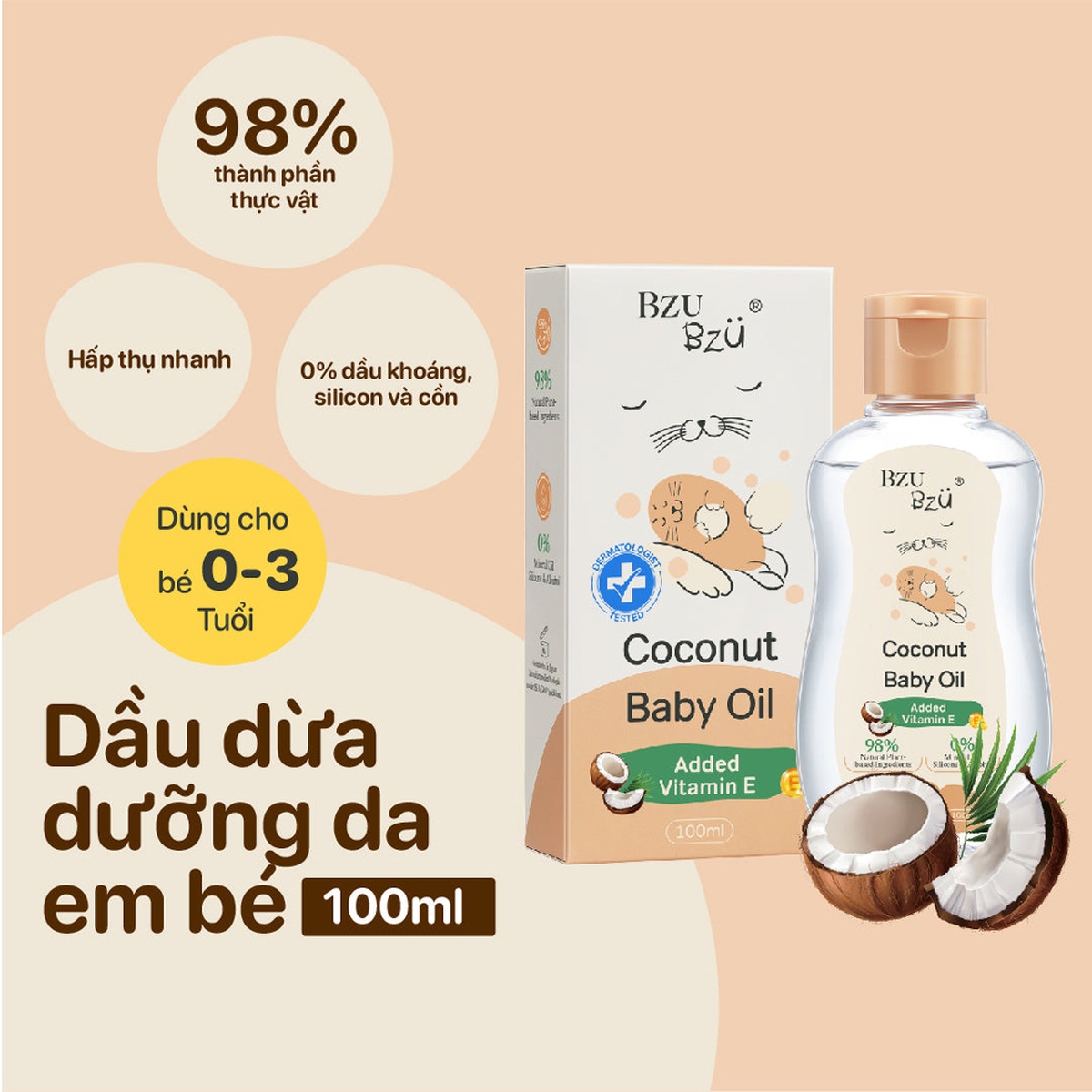 Dầu dừa dưỡng da cho bé Bzu Bzu 100ml - mặt phải