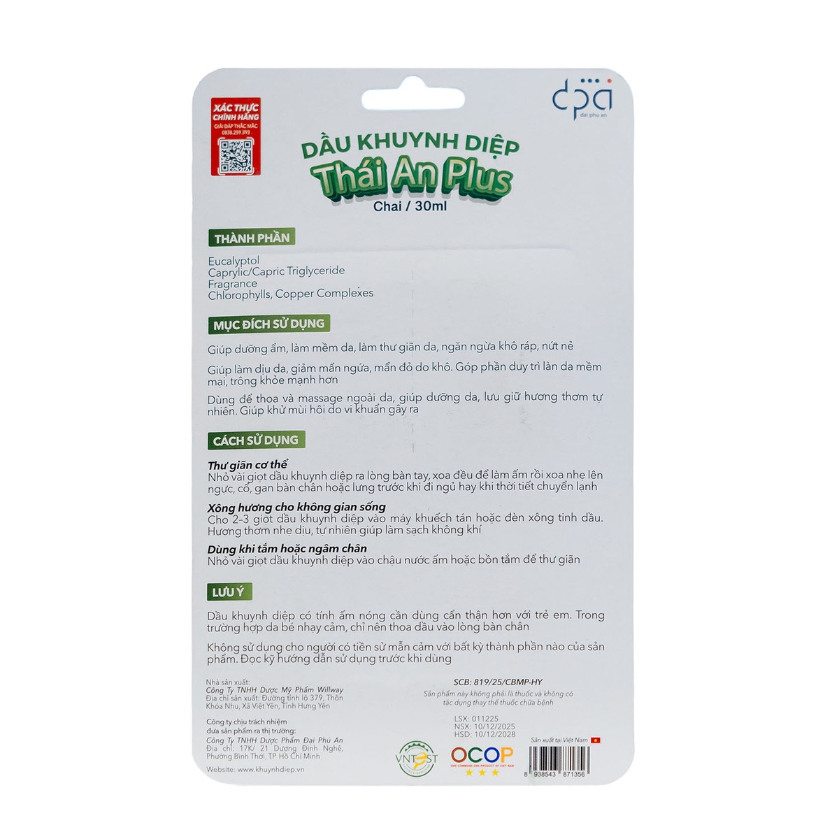 Dầu Khuynh Diệp Thái An Plus 30ml - mặt trái