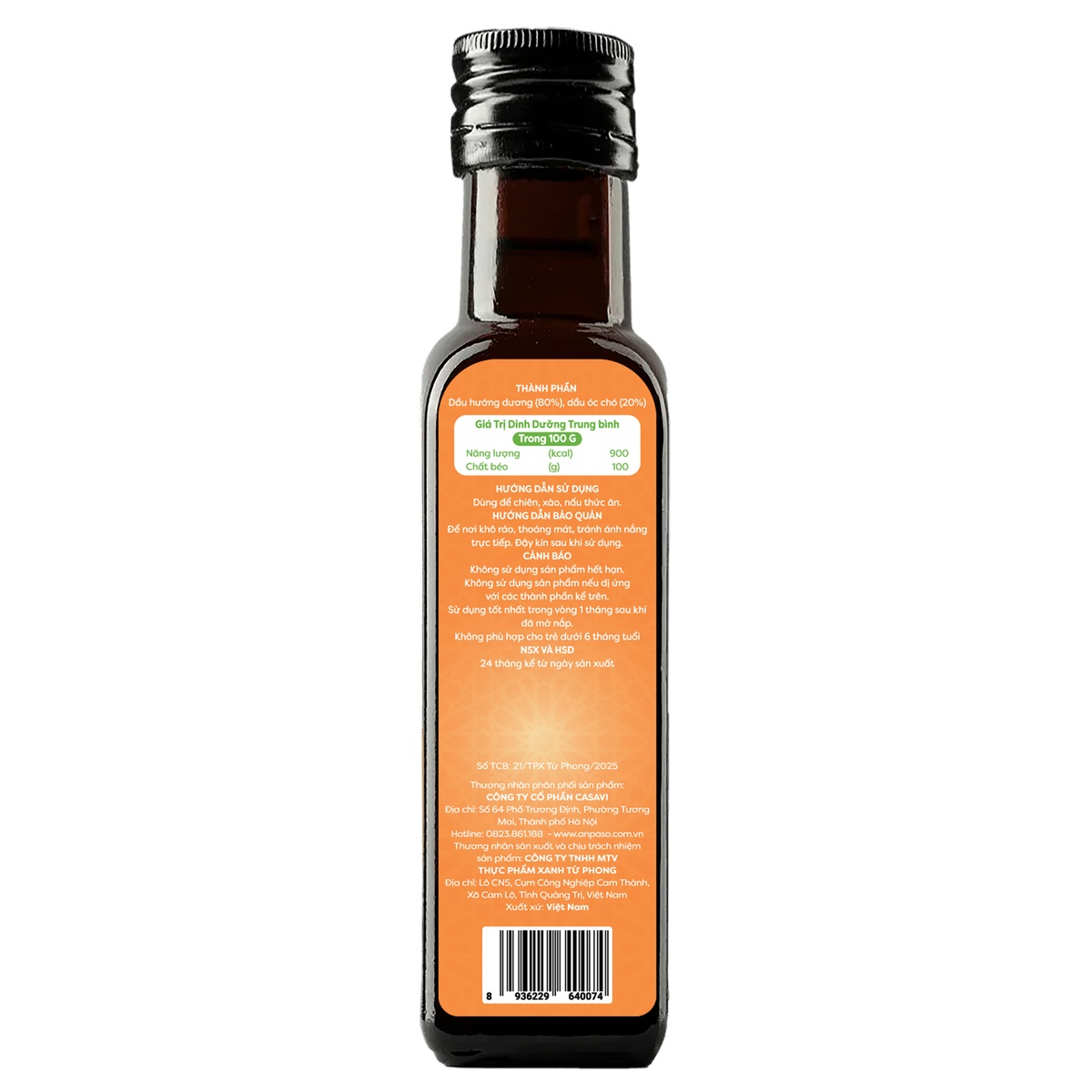 Dầu óc chó Anpaso chiên xào cho bé 100ml - mặt trái