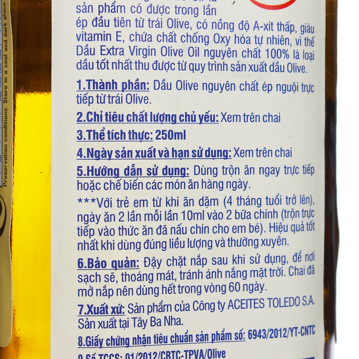 Dầu Olive Dintel siêu nguyên chất Extra Virgin - mặt phải
