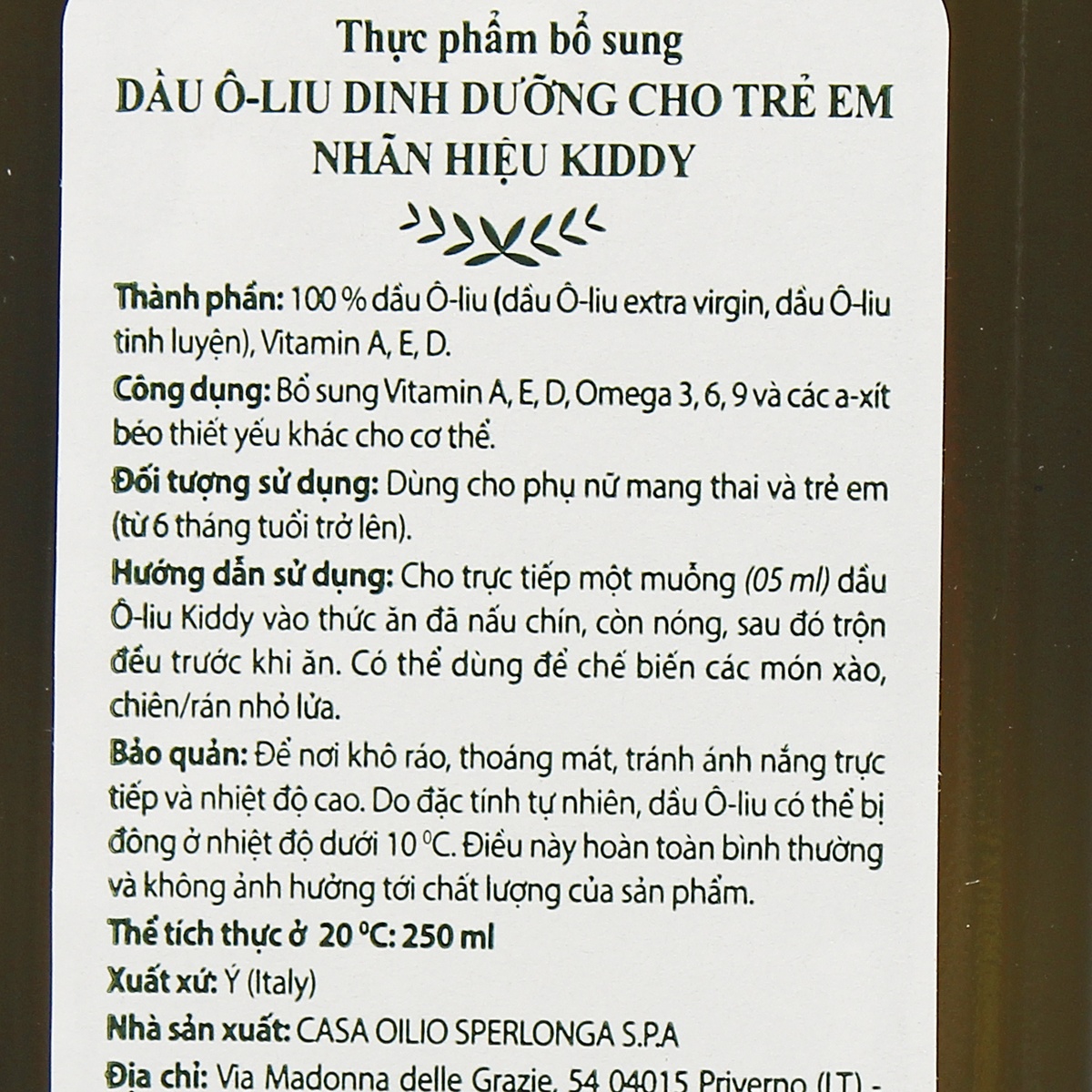 Dầu olive Kiddy nguyên chất 250ml - mặt sau