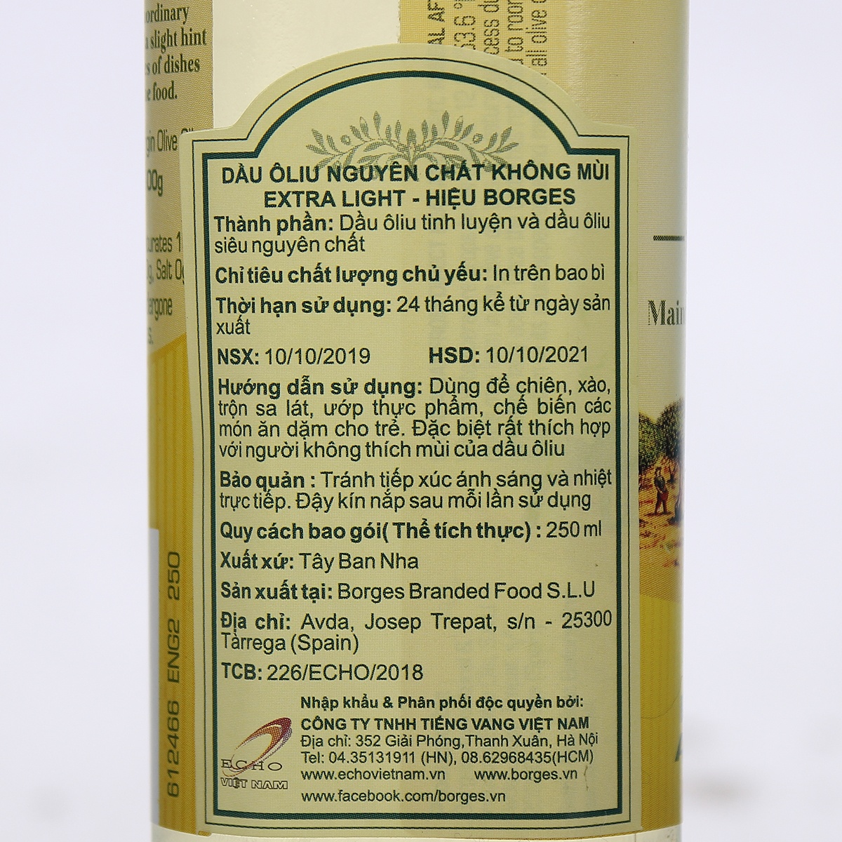 Dầu Olive nguyên chất Borges không mùi 250ml - mặt sau