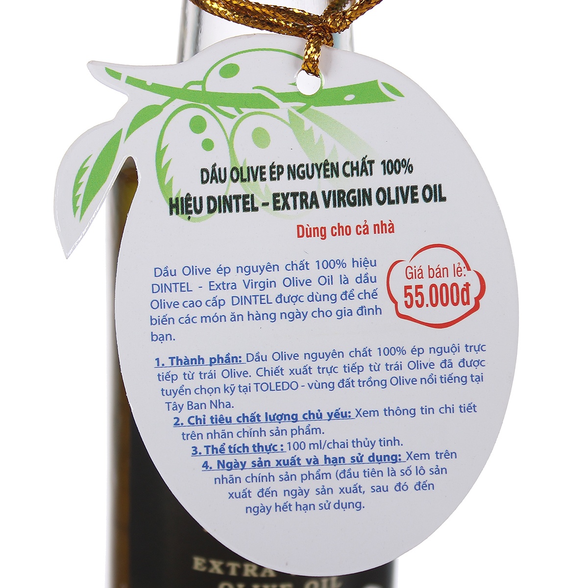 Dầu Olive siêu nguyên chất 100ml Dintel - góc nghiêng